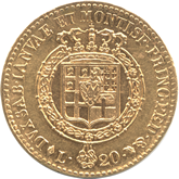イタリア　サルジニア　ヴィットリオ・エマヌエル1世　20リレ金貨［EF+］【裏面】