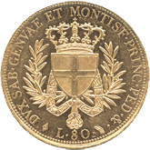 イタリア　サルジニア　ヴィットリオ・エマヌエル1世　80リレ金貨［AU/UNC］【裏面】